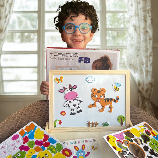 FUNNY BUNNY ORIGINAL 110+ pieces Wooden Magnetic Animal Puzzle Board, Educational Learning Toy with Double-Sided Drawing Easel, Ages 3+.