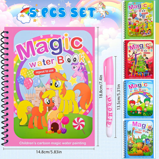 Kacunoki Water Magic Colouring Book 5Pcs Water Painting Books Reusable Water Colouring Books for Children Mess Free Magic Painting Books with Water Pens for 3 4 5 6 Year Old Kids Boys Girls, Style B
