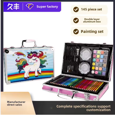 Bview Art 145 Pieces-set Double Aluminum Box Children's Brushes Painting Set Colored Pencil Watercolor Pens Crayons Art Supplies