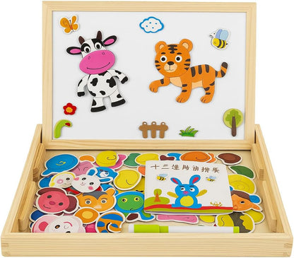 FUNNY BUNNY ORIGINAL 110+ pieces Wooden Magnetic Animal Puzzle Board, Educational Learning Toy with Double-Sided Drawing Easel, Ages 3+.