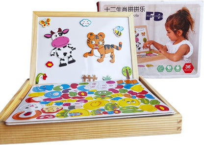 FUNNY BUNNY ORIGINAL 110+ pieces Wooden Magnetic Animal Puzzle Board, Educational Learning Toy with Double-Sided Drawing Easel, Ages 3+.