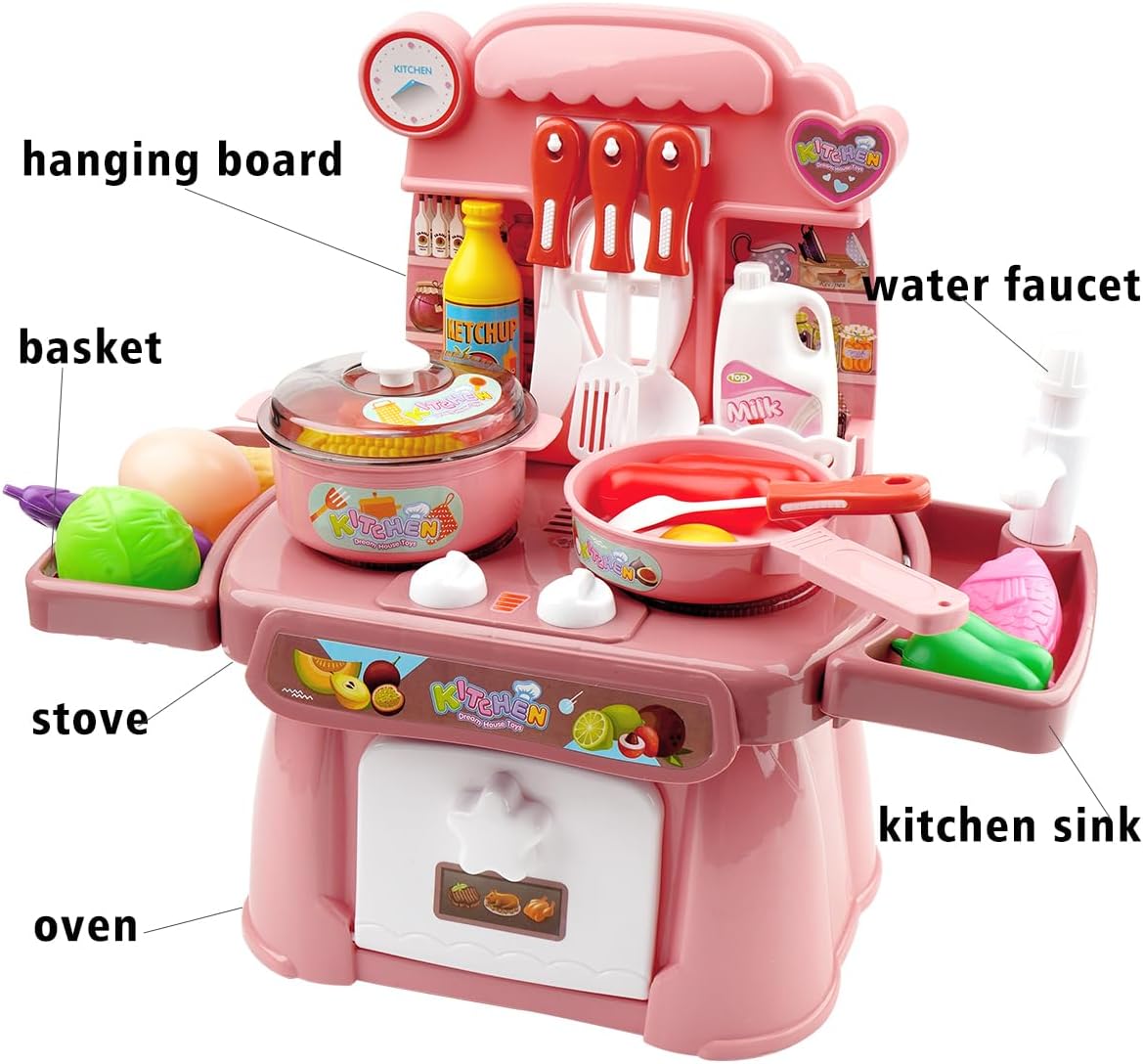 HaiLeTao Kitchen Toys Imitated Chef Light Music Pretend Cooking Food Play Dinnerware Set Safe Cute Children Girl Toy Gift Fun Game Toy Kitchen Sink with Running Water and Electronic Induction Stove