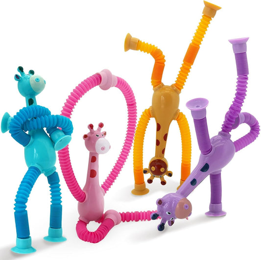 KIDSZONE SET of 4/10 Giraffe Pieces LED Telescopic Suction Cup Giraffe Toy, Shape Changing Telescopic Tube Fidget Toys, Pop Tubes, Fidget Tubes Sensory Toys for Girls Boys Baby Gift (Set of 4)