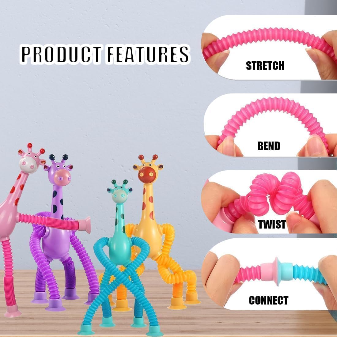 KIDSZONE SET of 4/10 Giraffe Pieces LED Telescopic Suction Cup Giraffe Toy, Shape Changing Telescopic Tube Fidget Toys, Pop Tubes, Fidget Tubes Sensory Toys for Girls Boys Baby Gift (Set of 4)