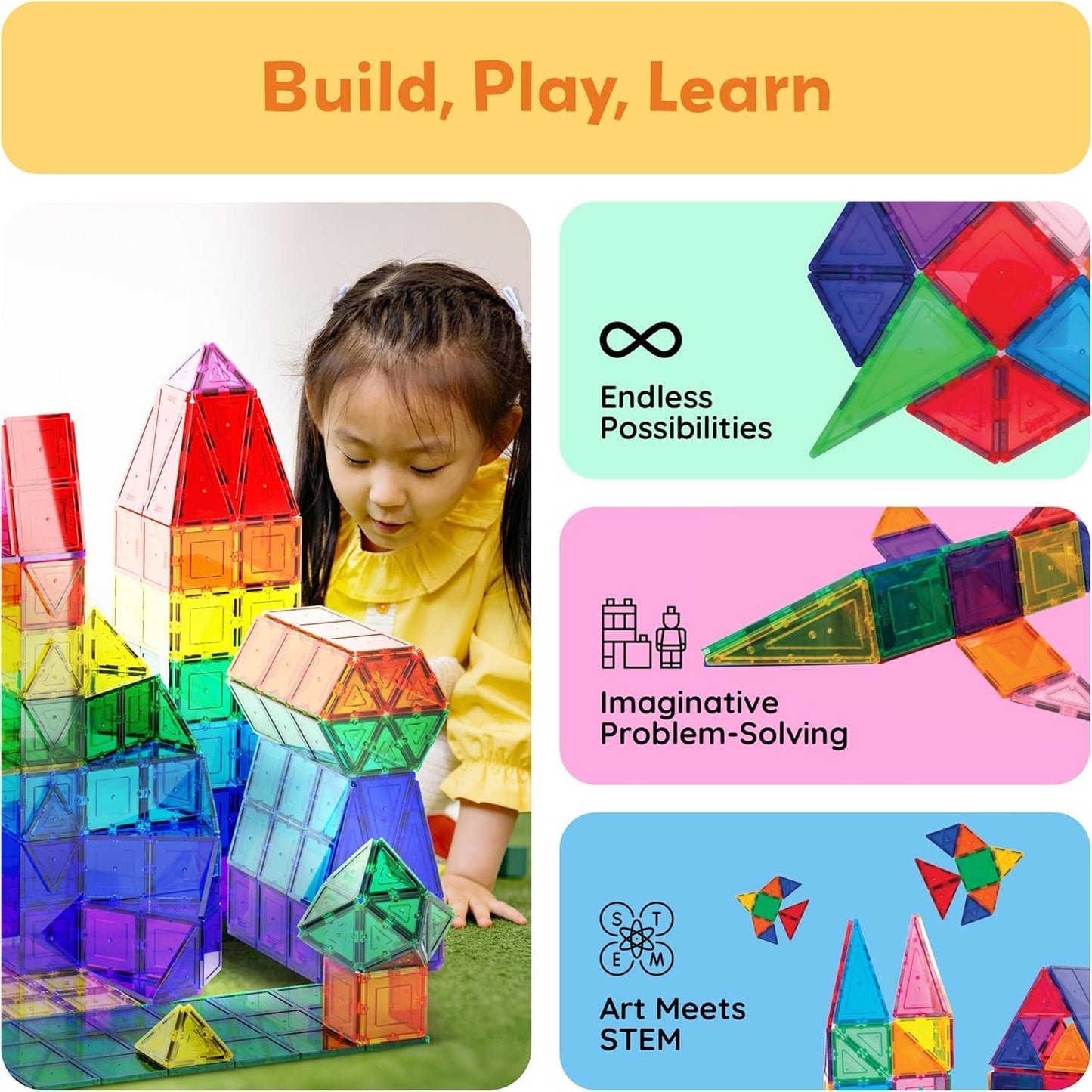KIDSZONE Magnet Tiles Magnetic Building Blocks, Magnetic Tiles, Square Building Castle, Preschool Toys, STEM Stacking Construction Toys for Boys Girls (120 PCS)