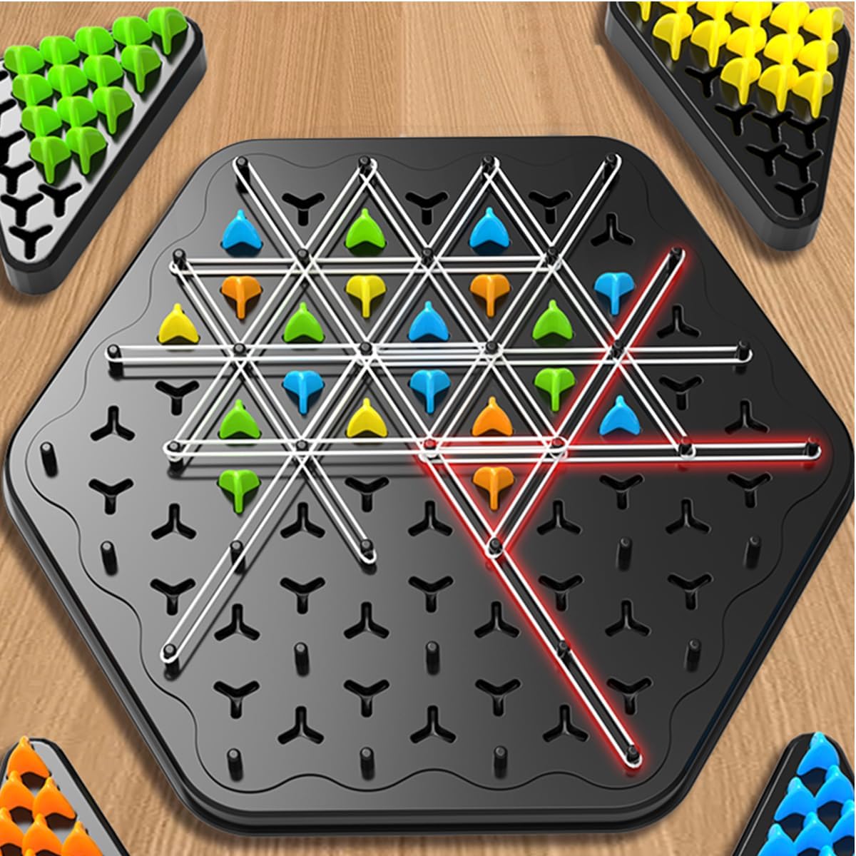 Chain Triangle Chess Game, Territory Capture Family Game, Triggle Rubber Band, 2 to 4 Players, Ages 3+ (1set)