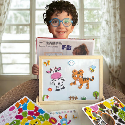 FUNNY BUNNY ORIGINAL 110+ pieces Wooden Magnetic Animal Puzzle Board, Educational Learning Toy with Double-Sided Drawing Easel, Ages 3+.