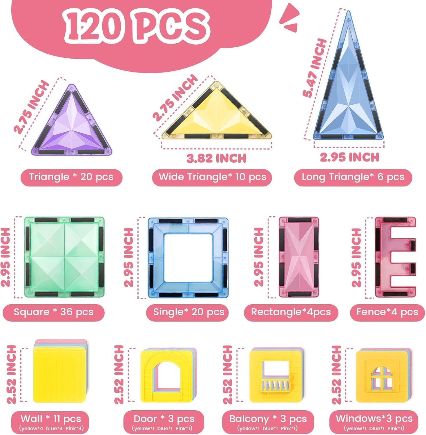 KIDSZONE Magnet Tiles Magnetic Building Blocks, Magnetic Tiles, Square Building Castle, Preschool Toys, STEM Stacking Construction Toys for Boys Girls (120 PCS)