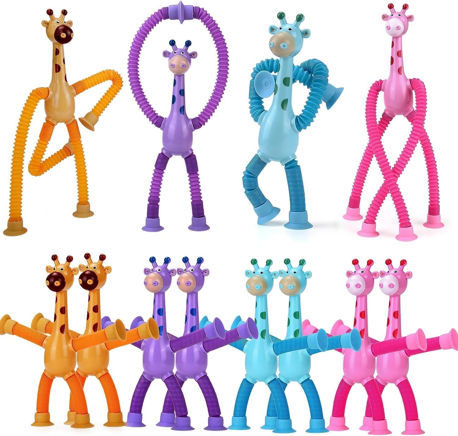 KIDSZONE SET of 4/10 Giraffe Pieces LED Telescopic Suction Cup Giraffe Toy, Shape Changing Telescopic Tube Fidget Toys, Pop Tubes, Fidget Tubes Sensory Toys for Girls Boys Baby Gift (Set of 4)