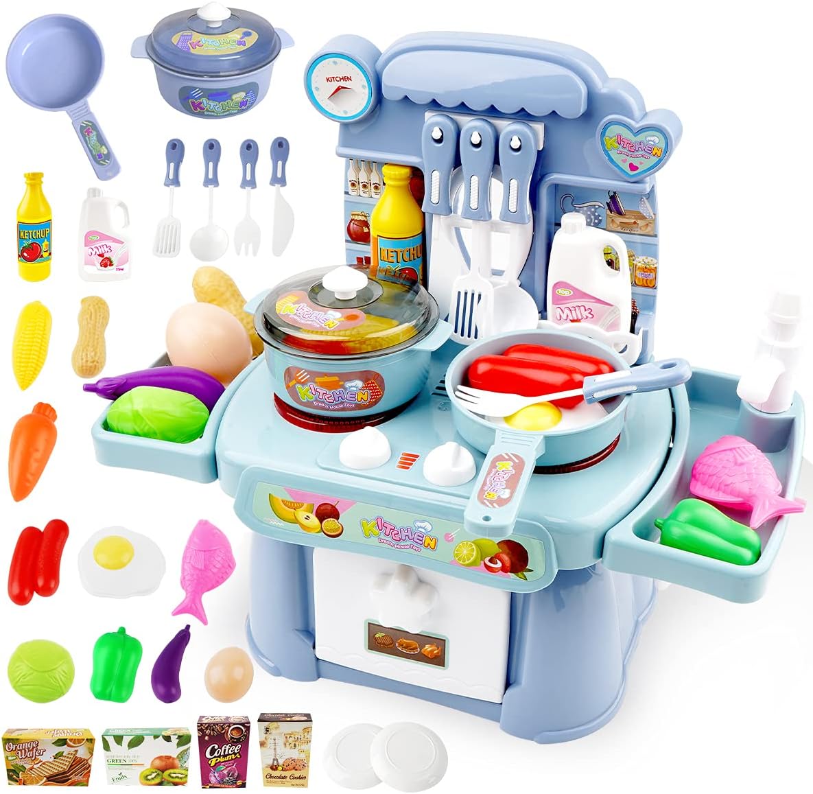 HaiLeTao Kitchen Toys Imitated Chef Light Music Pretend Cooking Food Play Dinnerware Set Safe Cute Children Girl Toy Gift Fun Game Toy Kitchen Sink with Running Water and Electronic Induction Stove