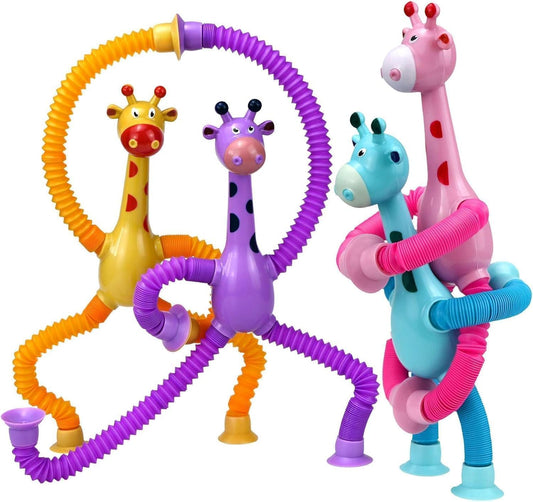 KIDSZONE SET of 4/10 Giraffe Pieces LED Telescopic Suction Cup Giraffe Toy, Shape Changing Telescopic Tube Fidget Toys, Pop Tubes, Fidget Tubes Sensory Toys for Girls Boys Baby Gift (Set of 4)