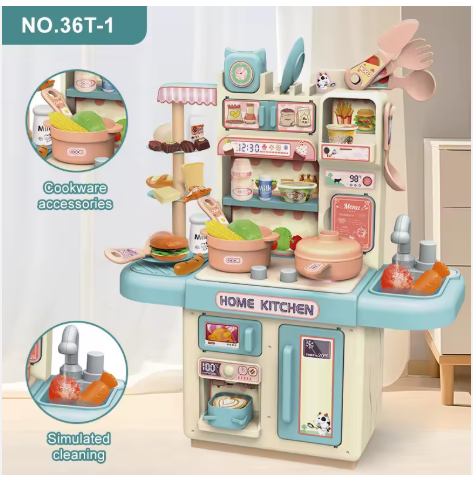 Wholesale Children Kitchen Play House Toys Kitchen Dining Table With Light Automatic Faucet Model Simulation Cooking Game
