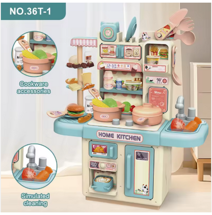 Wholesale Children Kitchen Play House Toys Kitchen Dining Table With Light Automatic Faucet Model Simulation Cooking Game