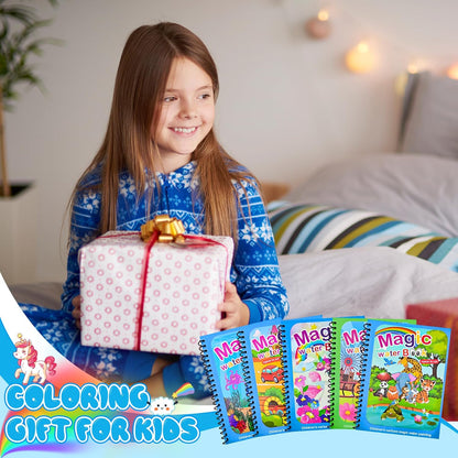 Kacunoki Water Magic Colouring Book 5Pcs Water Painting Books Reusable Water Colouring Books for Children Mess Free Magic Painting Books with Water Pens for 3 4 5 6 Year Old Kids Boys Girls, Style B