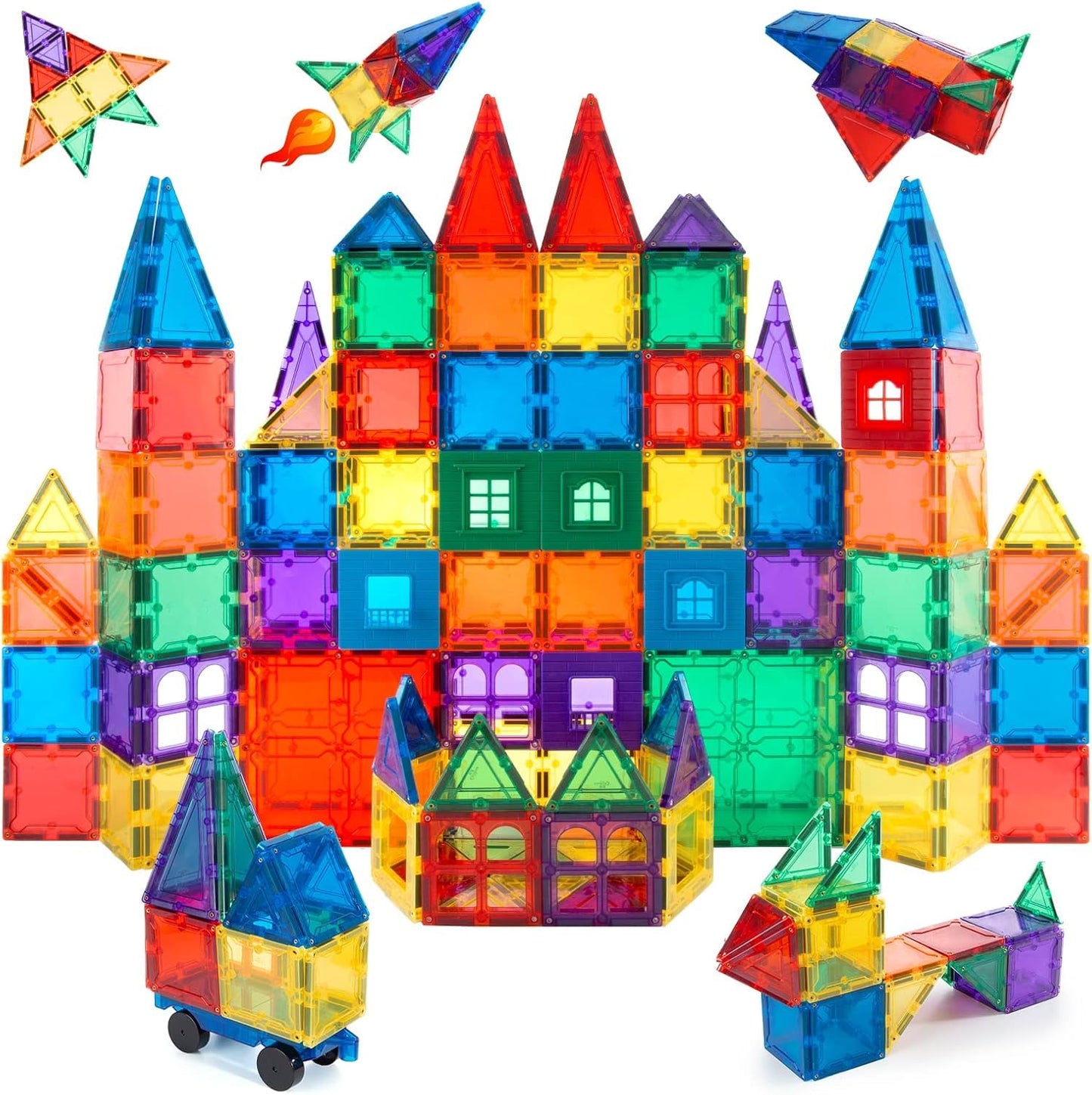 KIDSZONE Magnet Tiles Magnetic Building Blocks, Magnetic Tiles, Square Building Castle, Preschool Toys, STEM Stacking Construction Toys for Boys Girls (120 PCS)