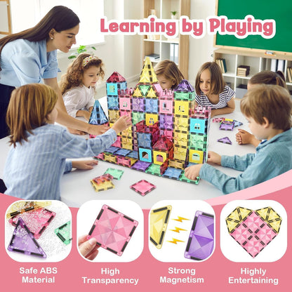 KIDSZONE Magnet Tiles Magnetic Building Blocks, Magnetic Tiles, Square Building Castle, Preschool Toys, STEM Stacking Construction Toys for Boys Girls (120 PCS)