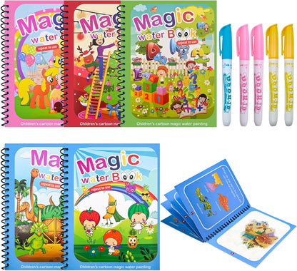 Kacunoki Water Magic Colouring Book 5Pcs Water Painting Books Reusable Water Colouring Books for Children Mess Free Magic Painting Books with Water Pens for 3 4 5 6 Year Old Kids Boys Girls, Style B