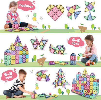 KIDSZONE Magnet Tiles Magnetic Building Blocks, Magnetic Tiles, Square Building Castle, Preschool Toys, STEM Stacking Construction Toys for Boys Girls (120 PCS)