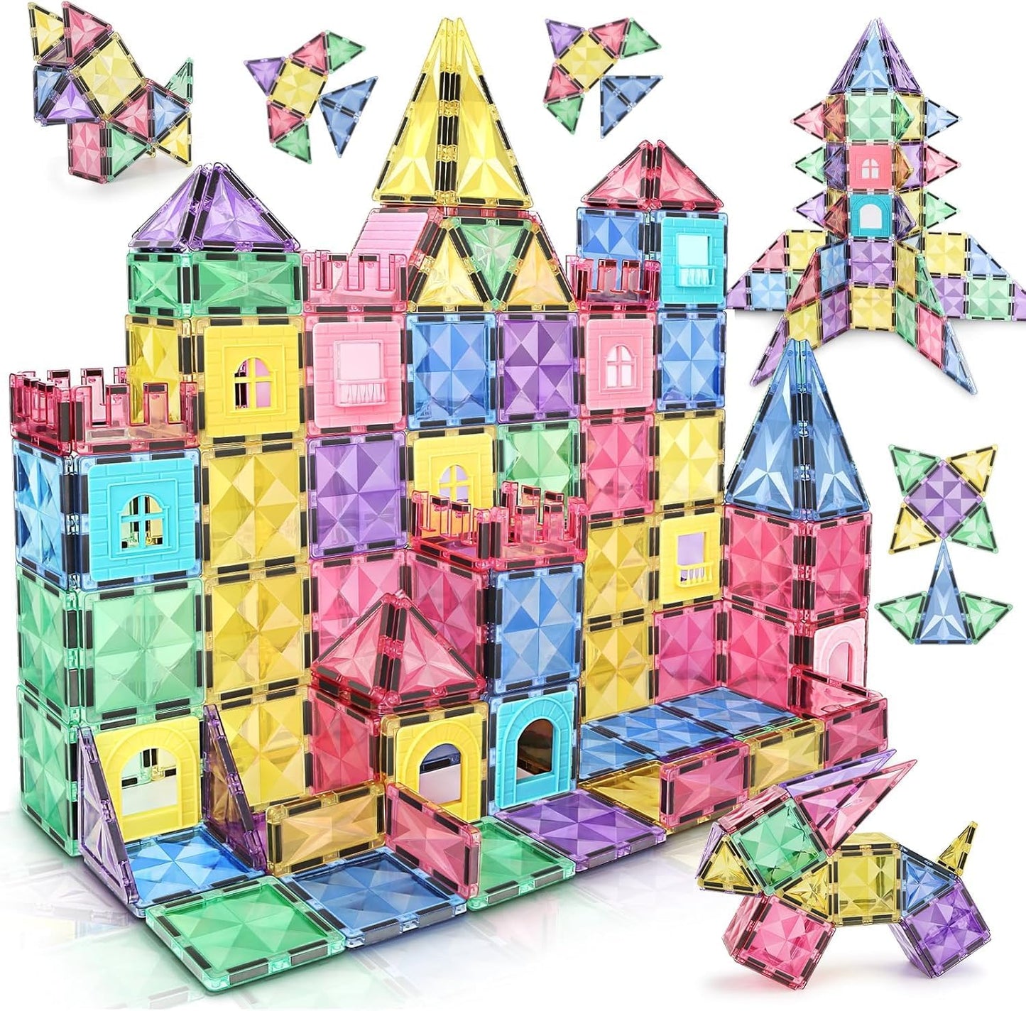 KIDSZONE Magnet Tiles Magnetic Building Blocks, Magnetic Tiles, Square Building Castle, Preschool Toys, STEM Stacking Construction Toys for Boys Girls (120 PCS)