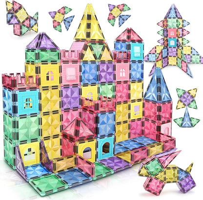 KIDSZONE Magnet Tiles Magnetic Building Blocks, Magnetic Tiles, Square Building Castle, Preschool Toys, STEM Stacking Construction Toys for Boys Girls (120 PCS)