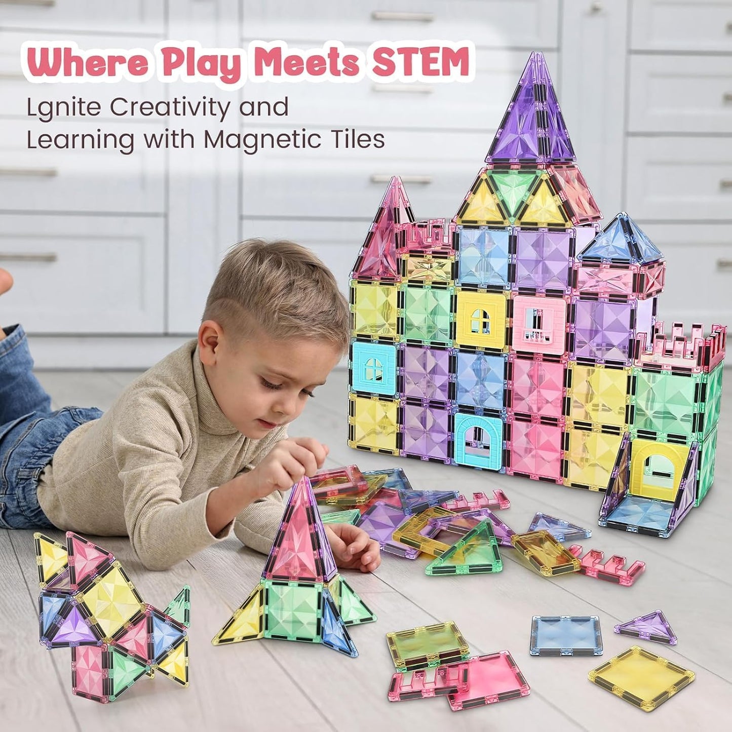 KIDSZONE Magnet Tiles Magnetic Building Blocks, Magnetic Tiles, Square Building Castle, Preschool Toys, STEM Stacking Construction Toys for Boys Girls (120 PCS)
