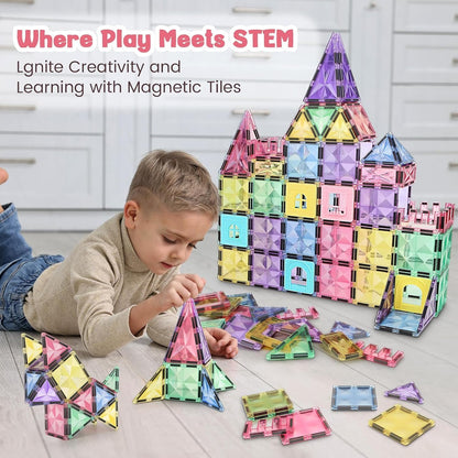KIDSZONE Magnet Tiles Magnetic Building Blocks, Magnetic Tiles, Square Building Castle, Preschool Toys, STEM Stacking Construction Toys for Boys Girls (120 PCS)