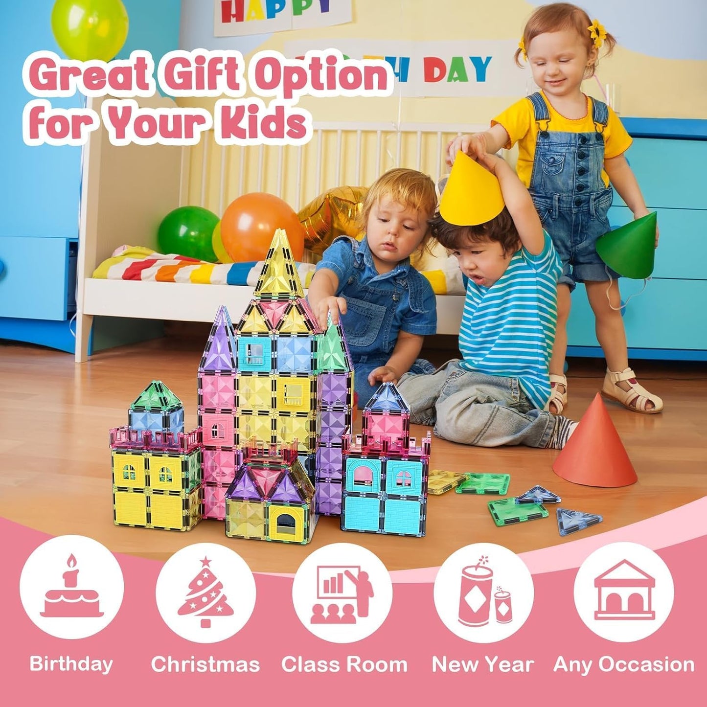 KIDSZONE Magnet Tiles Magnetic Building Blocks, Magnetic Tiles, Square Building Castle, Preschool Toys, STEM Stacking Construction Toys for Boys Girls (120 PCS)