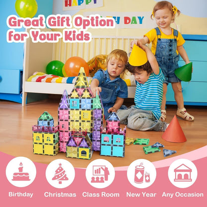 KIDSZONE Magnet Tiles Magnetic Building Blocks, Magnetic Tiles, Square Building Castle, Preschool Toys, STEM Stacking Construction Toys for Boys Girls (120 PCS)