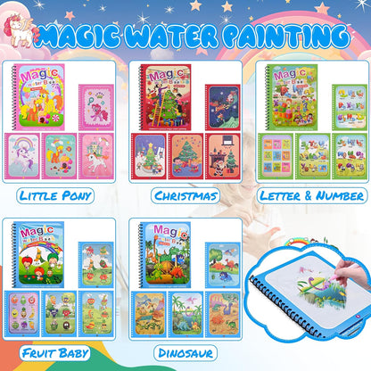 Kacunoki Water Magic Colouring Book 5Pcs Water Painting Books Reusable Water Colouring Books for Children Mess Free Magic Painting Books with Water Pens for 3 4 5 6 Year Old Kids Boys Girls, Style B