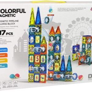 Colorful Magnetic Pipeline Building Blocks Set – 97 PCS STEM Construction Toy with Rolling Ball Track, Creative DIY Magnetic Tiles for Kids