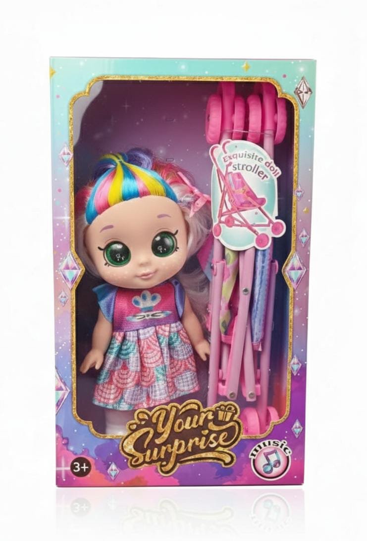 Funny Bunny Sweet Surprise Rainbow Doll – Magic Hair Edition with Foldable Stroller